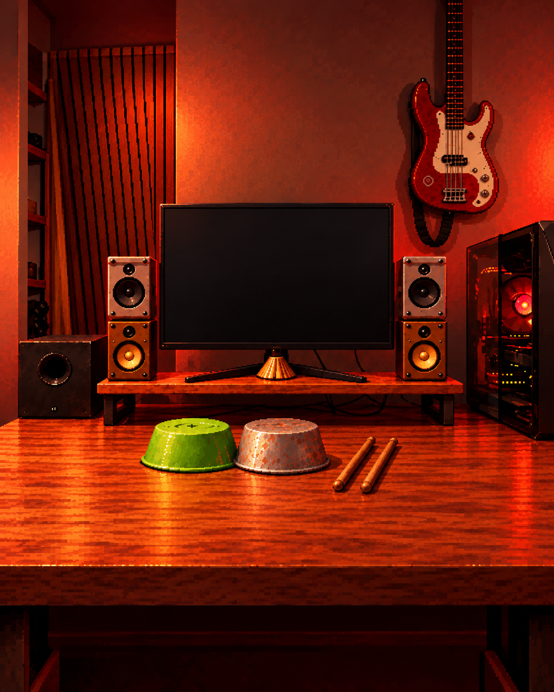 Estudio en rojo y marrón, visto de frente, con seis objetos para hacer música.